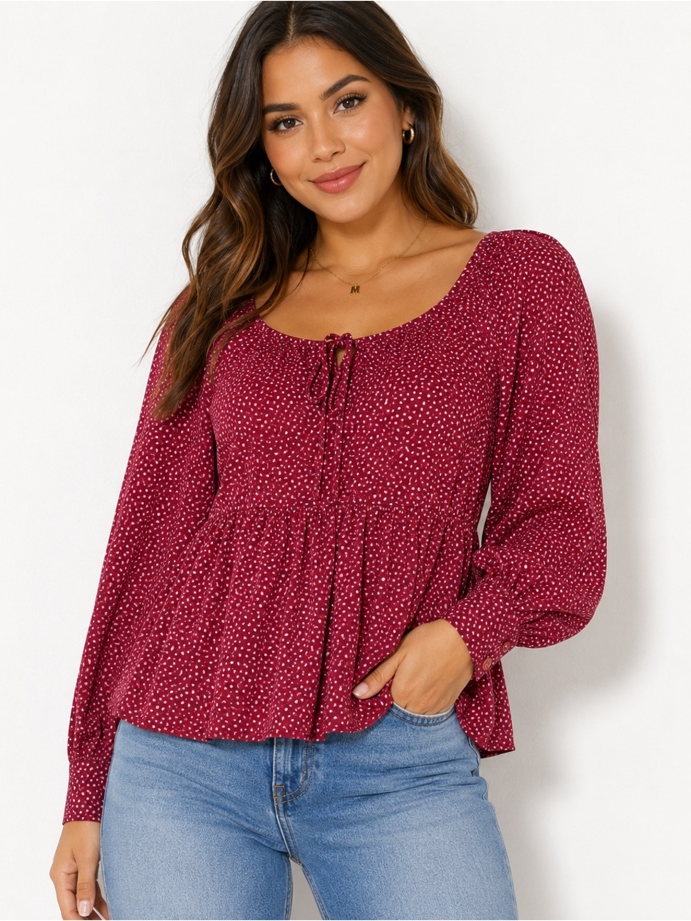 Ava & Viv Burgundy Dot Tie-Front Peasant Blouse